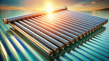 Fototapeta premium Futuristic solar energy collector array gleaming at sunset, reflecting the golden hour light on a smooth surface