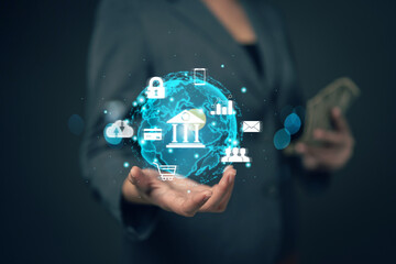 Businessman holding money using New Relations virtual reality bank image. Banking transactions with futuristic technology. Financial planning. Online deposits..