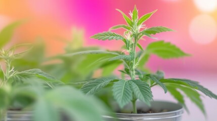 Young cannabis plants are being nurtured in small pots with vibrant lighting around them, highlighting their lush green leaves