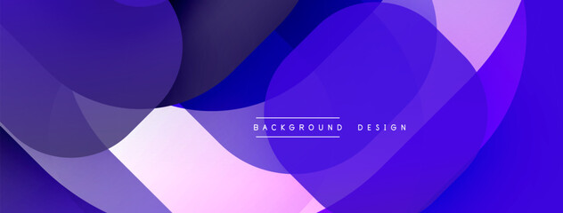 Abstract purple design. Overlapping circles create fluid, modern backdrop. Gradient shades offer depth, visual interest.