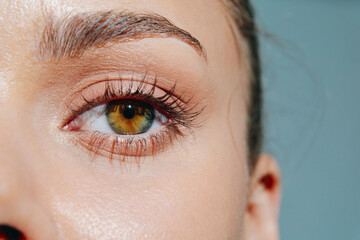 Close-up portrait of a woman showcasing her expressive green eyes and flawless skin against a soft blue background, capturing beauty and emotion.