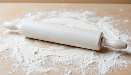 marble rolling pin rests on flour dusted surface, evoking sense of culinary creativity and baking joy