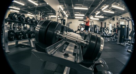 Fototapeta premium Close Up Fisheye View Polished Metallic Dumbbells Black Plates Dark Gray Metal Rack Brightly Lit Gym