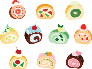 A delightful illustration of fruity roll cakes with colorful swirls and fresh fruit toppings. Perfect for dessert menus, bakery branding, food themed designs, and cute culinary visuals.