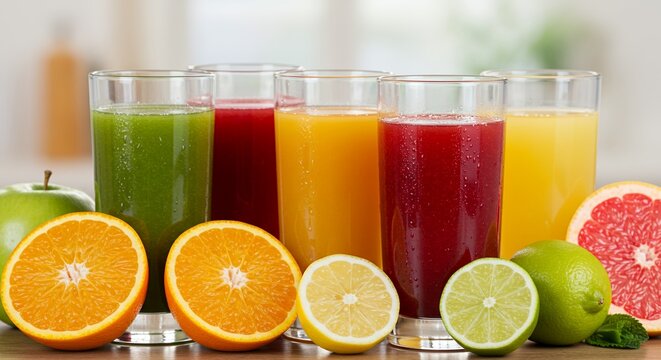 Colorful Fruit Juices in Glasses with Sliced Citrus Fruits