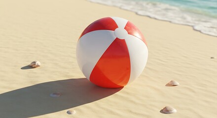 Obraz premium Red and White Beach Ball on Sandy Shore