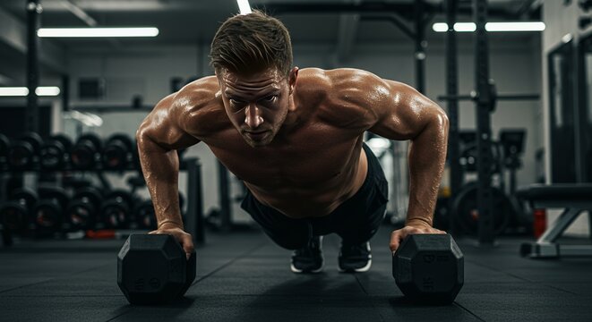 Dynamic Shot of Muscular Athlete Performing One-Handed Dumbbell Push-up - Powered by Adobe