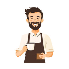 Smiling Barista Holding Coffee Cup In An Apron Isolated On White