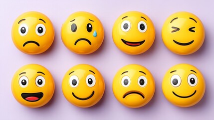 Obraz premium Overhead Arrangement of Varied Expression Yellow Emoji Faces on Light Purple Surface