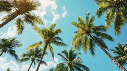 Fototapeta premium View looking up at palm trees against a bright blue sky with scattered clouds on a sunny day tropical scene