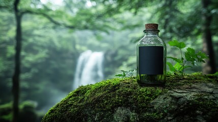 Nature's elixir, a glass bottle resting on moss-covered rock.