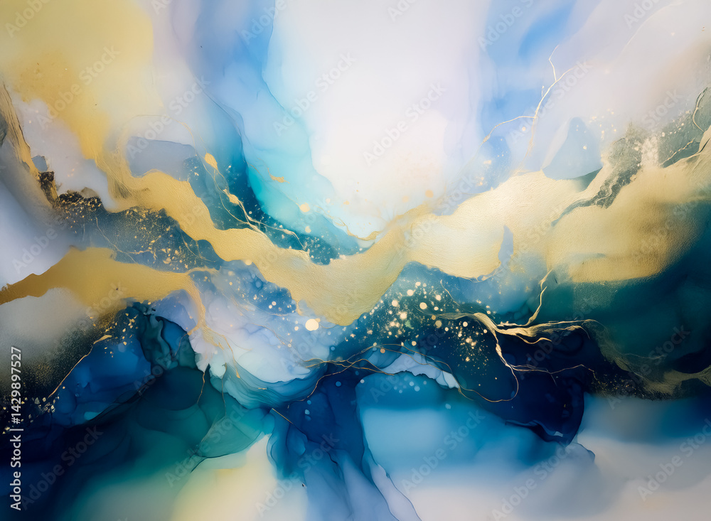 Poster Abstract image showcases fluid, flowing elements, with shimmering gold accents and deep blues. The artwork evokes a sense of depth and movement, suggesting a celestial or ethereal landscape, with hint