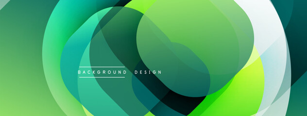 Abstract fluid shapes, vibrant green hues, overlapping layers create modern background design. Smooth gradients, dynamic composition.