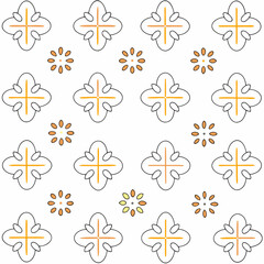 Seamless Vector Background, Bright and playful pattern featuring floral shapes and star like designs orange and yellow tones, perfect for various creative, on white background, commercial use