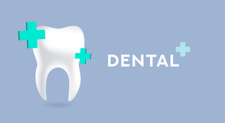 Minimalist vector illustration of a white healthy tooth with clean blue background and plus symbols. Perfect for dental care promotion, oral hygiene, clinic advertisement, or health campaign