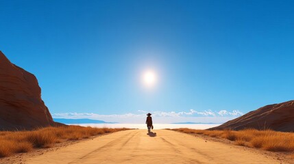 Naklejka premium A lone traveler walks along a deserted road under a bright sun and clear blue sky.