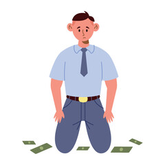Losing Money Man Sad Kneeling Cash Fall Despair Finance Crisis Cartoon