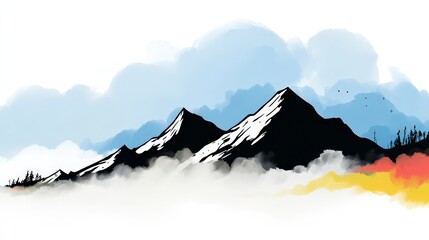 Serene Snowy Mountain Range  Artistic Cloudscape Illustration