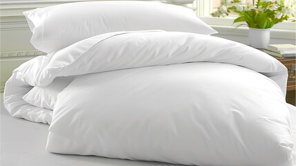 Serene Comfort: Close-Up of Pristine White Bedding and Floral Accent