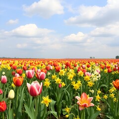Obraz premium A vibrant field of tulips and daffodils with light clouds drifting above