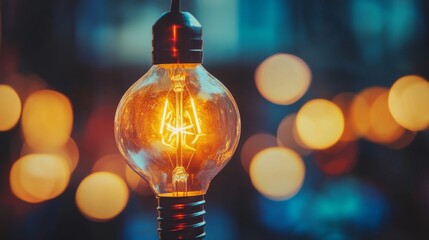 A single glowing light bulb against a bokeh background.