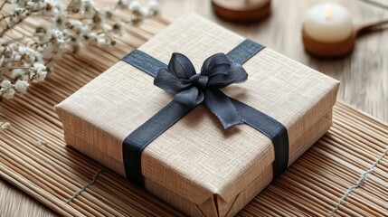 Elegant gift box with dark ribbon on wooden table with decor
