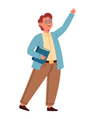 Teacher Waving Male Holding Books Education Greeting Happy Classroom