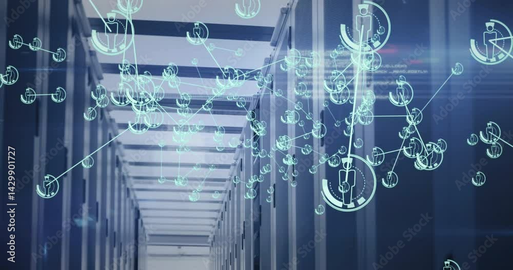 Poster futuristic data center corridor showing glowing network nodes overlaying server racks in 3d render