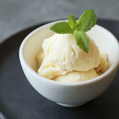 Bowl of durian ice cream with a mint garnish