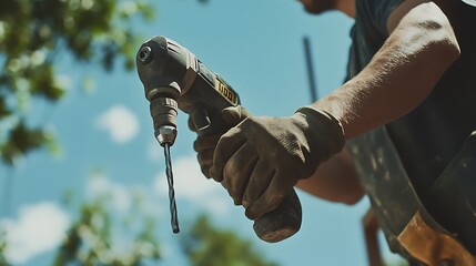 Close-up of a person using a cordless drill outdoors