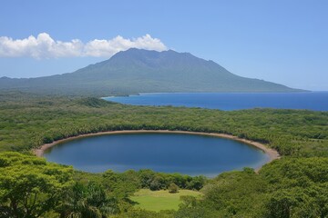 Volcanic crater lake, lush forest, coastal view