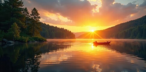 Obraz premium Golden sunset reflects on calm lake, kayak floats near lush forest , kayak, boat, water