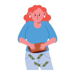 Losing Money Woman Broke Wallet Drop Bills Sad Cartoon Character