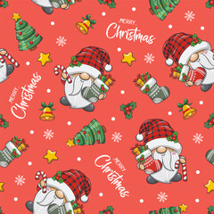 Seamless Pattern Cute Gnome Santa Claus With Christmas Sock On Red Background. Cartoon Illustration