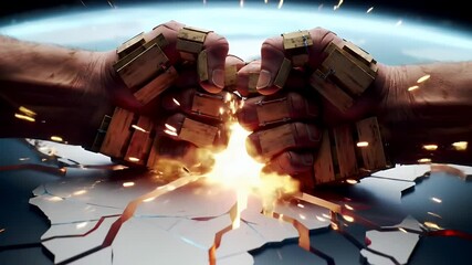 Visual Symbolism of Trade War Two Fists Face Off Over A World Map Representing The Us And China With Cracks And Red Fissures Signifying Conflict Over Global Economics And Policies - Powered by Adobe