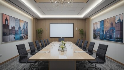 Modern Conference Room Interior Design with Cityscape Artwork
