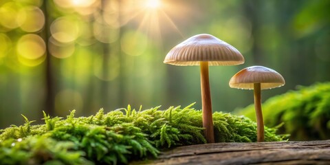 Fototapeta premium Serene woodland scene featuring delicate mushrooms emerging from vibrant moss, bathed in the golden sunlight filtering through the forest canopy