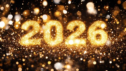 A dazzling display of golden numbers representing 2026 shines against a vibrant, festive backdrop of shimmering lights, perfect for celebrations