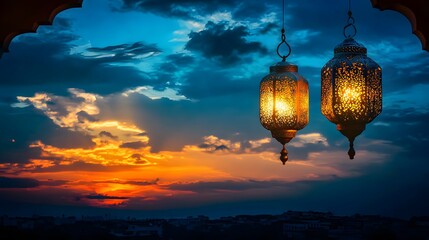 Obraz premium Sunset Ramadan Lanterns Hanging Cityscape Night