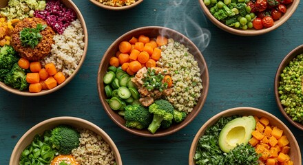 Vibrant Assorted Bowls of Nourishing Foods on Dark Teal Wood