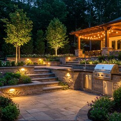 Outdoor patio at night. Landscaped with stone steps, outdoor kitchen, and pergola. Warm lighting enhances the space.