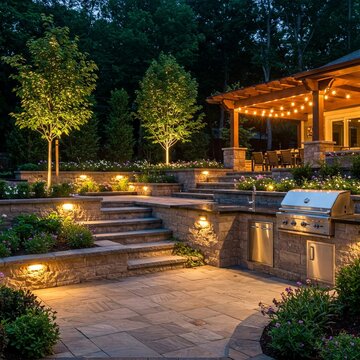 Outdoor patio at night. Landscaped with stone steps, outdoor kitchen, and pergola. Warm lighting enhances the space.