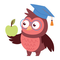 Owl Teacher Graduation Holding Apple Cartoon Character Smart