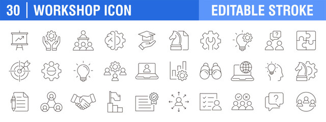 Collection of workshop icons. Business, collaboration, effort, teamwork. Vector design template, signs, symbols, editable stroke.
