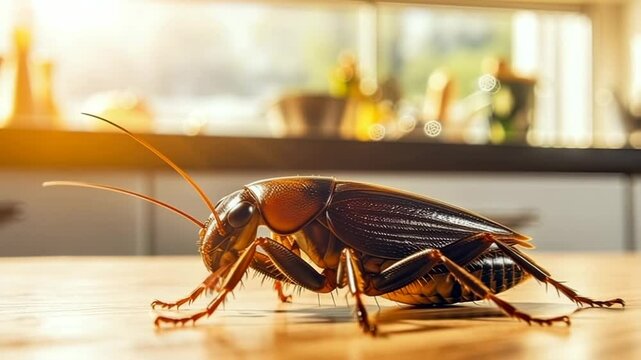 A close-up view of a cockroach on a kitchen countertop, highlighting kitchen hygiene concerns and pest control issues.