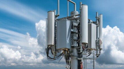 Modern telecommunication tower against a partly cloudy sky.