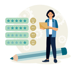 Survey feedback concept. Man with pencil next to various emotions.