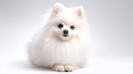 Fototapeta premium Fluffy White Canine: A charming portrait of a small, adorable dog with a soft, white coat, gazing serenely on a pure white background.