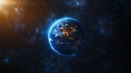 Earth Illuminated from Space, A stunning view of Earth from space, showing illuminated continents against a starry background