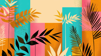 Colorful Abstract Pattern with Tropical Leaves and Geometric Shapes in Bright Shades for Modern Design and Artistic Backgrounds
